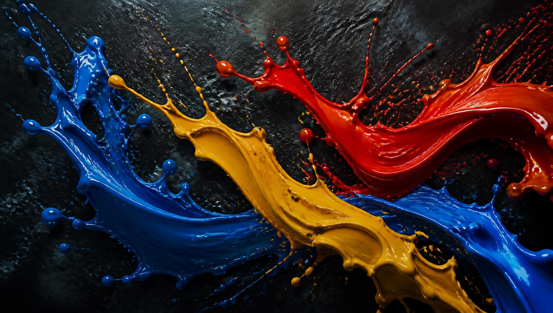 Blue, red and yellow paint splashing across dark slate